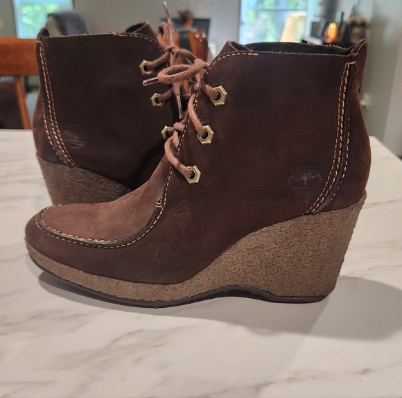 Timberland Leather Wedge Ankle Bootie Womens 5.5 Lace Up - Picture 1 of 7